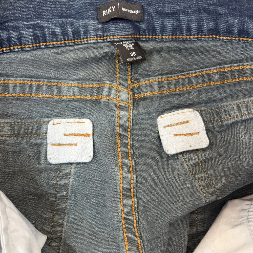 True Religion Ricky Relaxed Straight Jeans Mens 36x32 Blue Flap Stretch Denim